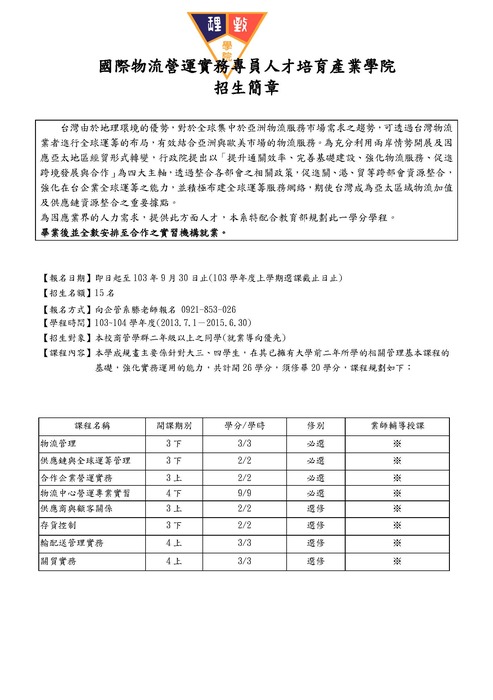 國際物流營運實務專員人才培育產業學院 招生簡章